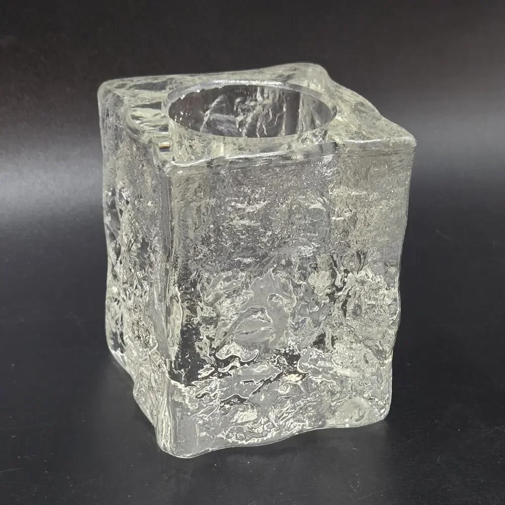 Vintage MCM Iced Glass Cube Tea Light Candle Holder Likely Finnish Scandinavian